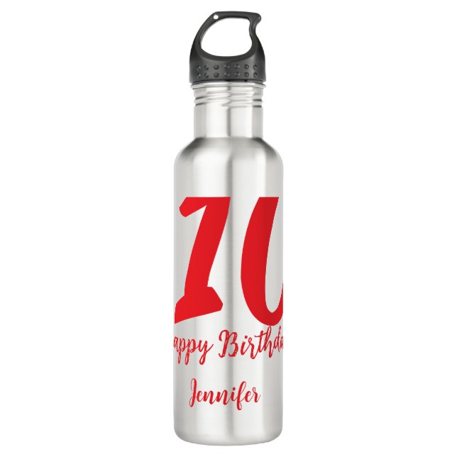 Garrafa 10.º aniversário adicionar nome data ano vermelho  (Frente)