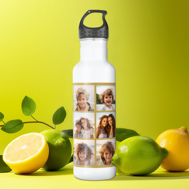 Garrafa 12 Colagem de Fotos com Dourado Fundo (Personalized photo water bottle)