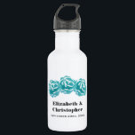 Garrafa 3 Rosas de Aquarela Teal Casamento<br><div class="desc">Uma garrafa de água com informações de casamento. Ilustrado com um simples trio de rosas de chá pintados com aquarelas.</div>