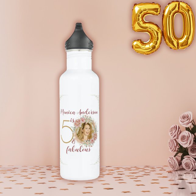 Garrafa 50 and Fabulous Pink Floral Gold Photo Birthday (50 and Fabulous Pink Floral Gold Photo Birthday Stainless Steel Water Bottle)