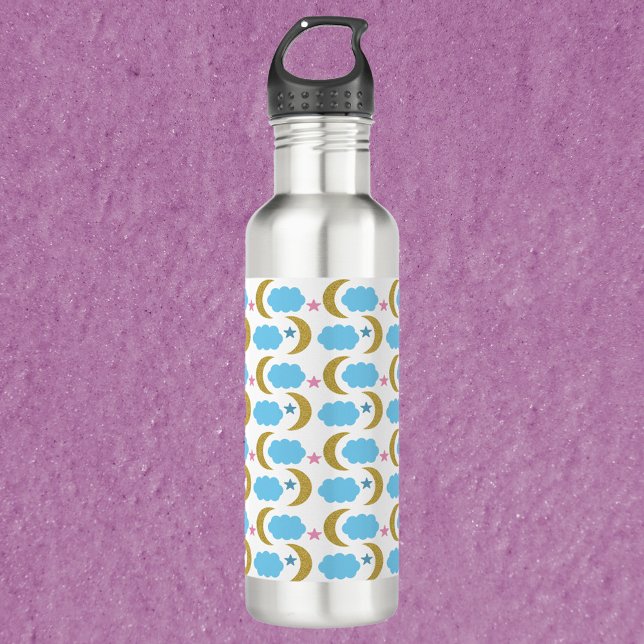 Garrafa A Nuvem da Lua Stars Faux Dourado Padrão de Litera (A water bottle with a pattern of gold moons, blue clouds and pink stars!)
