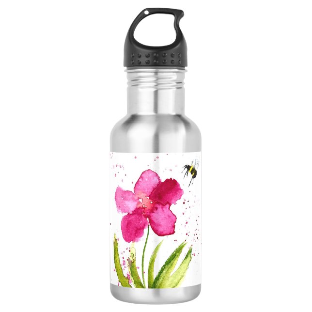 Garrafa Abeja pintada con acuarela flor rosa (Frente)