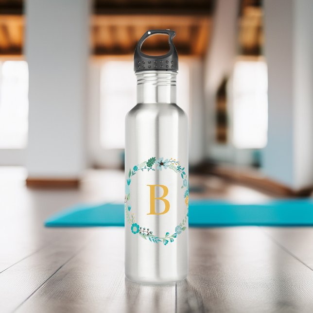 Garrafa Amarelo e Aqua Monograma Floral Wreath (Criador carregado)