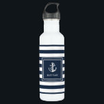 Garrafa Ancoragem Náutica Marinho Blue Stripe<br><div class="desc">Design náutica com âncora,  riscas azuis e brancas de marinho na moda e personalizadas com o nome do barco. Projetado por Thisnotme©</div>
