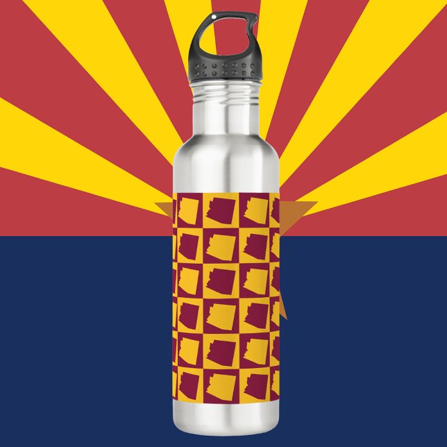 Garrafa Arizona Silhouette Pattern Maroon and Gold  (A water bottle with a maroon and gold pattern featuring the US state of Arizona)