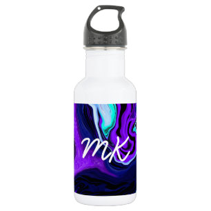 Garrafa Arte Abstrato de Fluidos Roxos, Azuis e Teais