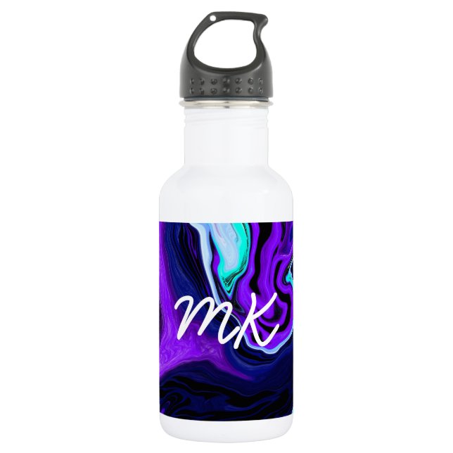 Garrafa Arte Abstrato de Fluidos Roxos, Azuis e Teais (Frente)