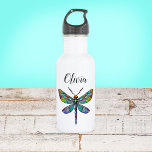 Garrafa Asas de Dragonfly de Vidro Coloridas<br><div class="desc">Garrafa de água personalizada com libélula com asas coloridas de vidro.</div>