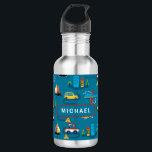 Garrafa Aviões bonitos Carros Carros Crianças Meninos Nome<br><div class="desc">Aviões Gafanhotos Carros Crianças Nome Personalizado Garrafas de água ilustram barcos,  aviões,  cartões,  helicópteros e construções em azul,  amarelo,  vermelho,  branco,  verde e preto sobre fundo azul. Personalizado com seu nome,  editando o texto na caixa de texto fornecida. Perfeito para um menino ou bebê.</div>