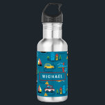 Garrafa Aviões bonitos Carros Carros Crianças Meninos Nome<br><div class="desc">Aviões Gafanhotos Carros Crianças Nome Personalizado Garrafas de água ilustram barcos,  aviões,  cartões,  helicópteros e construções em azul,  amarelo,  vermelho,  branco,  verde e preto sobre fundo azul. Personalizado com seu nome,  editando o texto na caixa de texto fornecida. Perfeito para um menino ou bebê.</div>