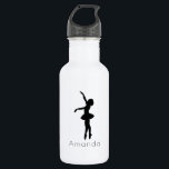 Garrafa Ballerina Black Silhouette Personalizado<br><div class="desc">Uma garrafa de água refrescante com uma silhueta de bailarina de preto. Esta elegante dançarina de balé está em pé nos dedos, apontada com os braços esticados graciosamente. Personalizar com um nome ou outro texto personalizado.</div>