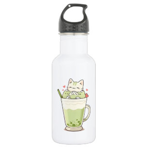 Garrafa Bebida de Matcha com Boba de Gato Fofo Design Kawa