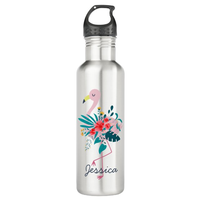 Garrafa Bela Arte Floral Flamingo Tropical Personalizada (Frente)