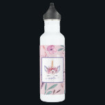 Garrafa Belo monocórnio face design floral de aquarela<br><div class="desc">Belo e divertido design floral de cor-de-água do Unicórnio. O presente perfeito para a garota em sua vida com esta bela ilustração de unicórnio de aquarela e espaço para personalizar. Parte de uma coleção.</div>