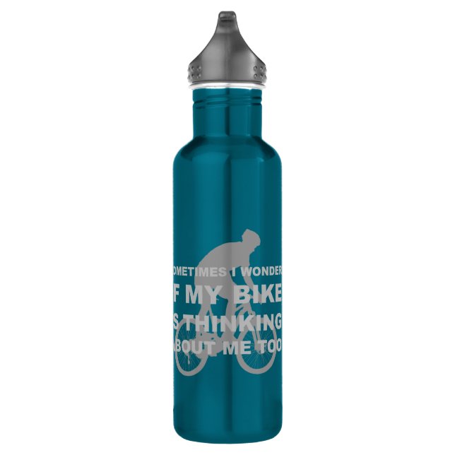 Garrafa Bicicleta engraçada que pensa sobre o azul (Direita)