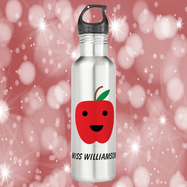 Garrafa Bonita Maçã Kawaii Red Personalize (A water bottle with a cute red apple with a smile)