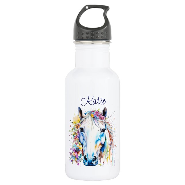 Garrafa Bonito Cavalo Branco Floral Personalizado (Frente)