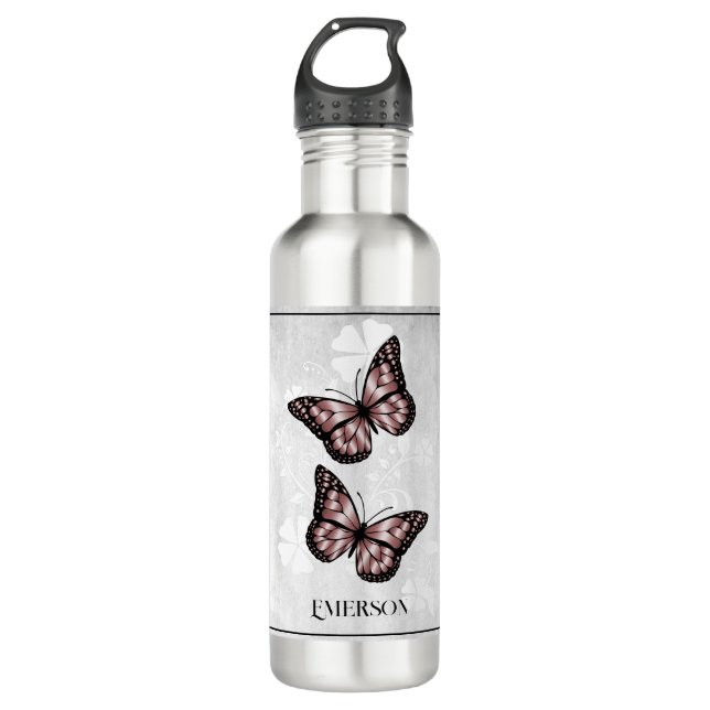 Garrafa Borboleta Rosa Floral Personalizada (Frente)