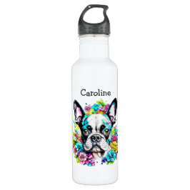 Garrafa Boston Terrier cercado por flores personalizadas