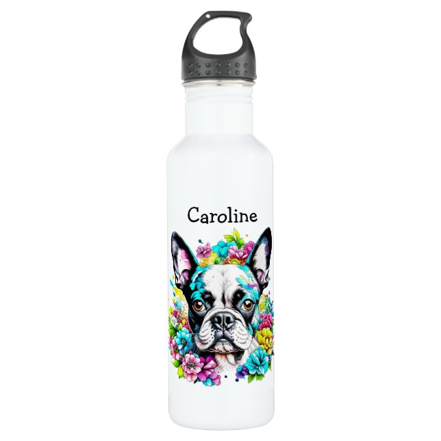 Garrafa Boston Terrier cercado por flores personalizadas (Frente)
