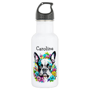 Garrafa Boston Terrier cercado por flores personalizadas