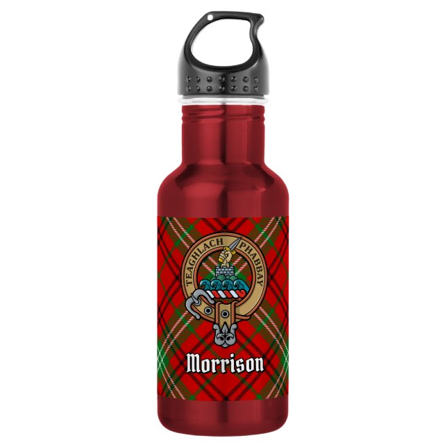 Garrafa Brasão do Clã Morrison sobre Tartan Vermelho (Frente)