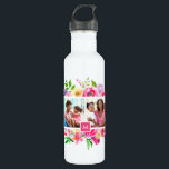 Garrafa Bright Blooms 4 Colagem de Fotos Monogramada<br><div class="desc">Garrafas de água monogramadas personalizadas personalizadas com suas fotos e texto. Este design de giro divertido apresenta uma borda floral colorida de aquarela ao redor de um modelo de colagem de fotos com espaço para 4 fotos quadradas do Instagram. Adicione seu monograma inicial ou outro texto personalizado em um quadro...</div>