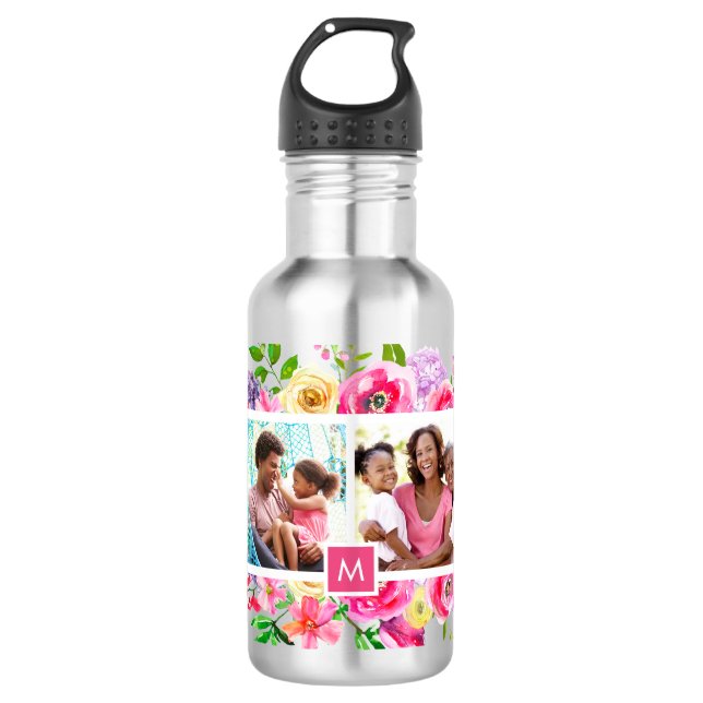 Garrafa Bright Blooms 4 Colagem de Fotos Monogramada (Frente)