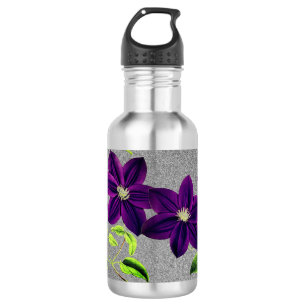 Garrafa Brilho Prateado com Clematite Roxa Aquarela