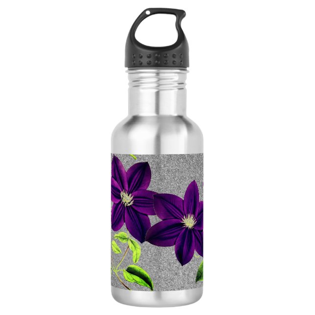 Garrafa Brilho Prateado com Clematite Roxa Aquarela (Frente)
