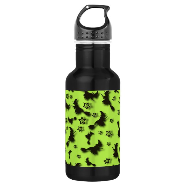 Garrafa bruxa voadora entre as estrelas na noite de Hallow (Frente)