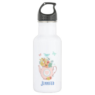 Garrafa Bule cor-de-rosa com flores & borboletas