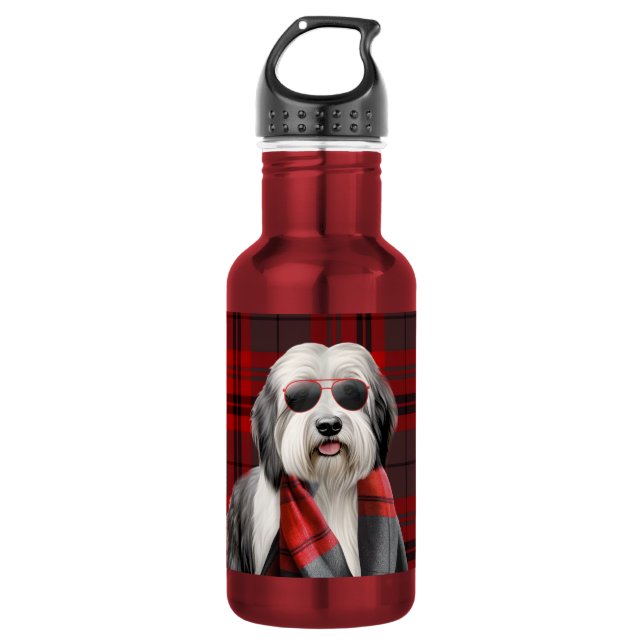 Garrafa Cachorro Pastor Fofo com Cachecol Xadrez Vermelho  (Frente)