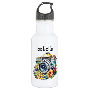 Garrafa Câmera Antiga com Flores Bonitas Aquarela