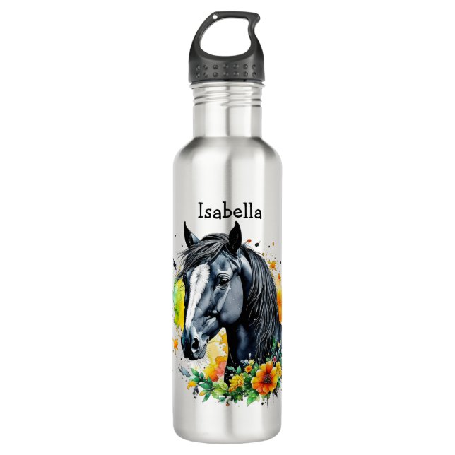 Garrafa Cavalo Negro Cercado por Flores Personalizadas (Frente)