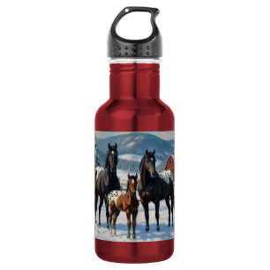 Garrafa Cavalos de Appaloosa Pretos numa Fazenda no invern