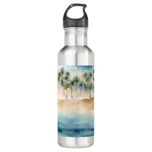 Garrafa Cena Tropical de Praia Aquarela Palmas Areia Ocean