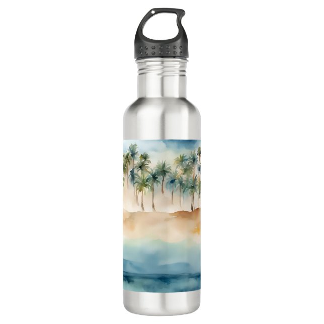 Garrafa Cena Tropical de Praia Aquarela Palmas Areia Ocean (Frente)