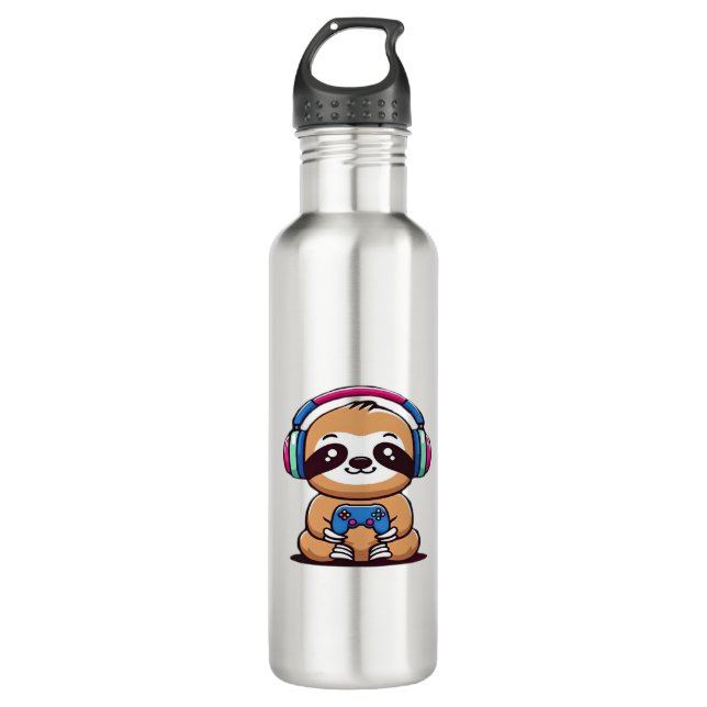 Garrafa Chibi Kawaii Sloth Gamer - Cute Funny Animal com (Frente)