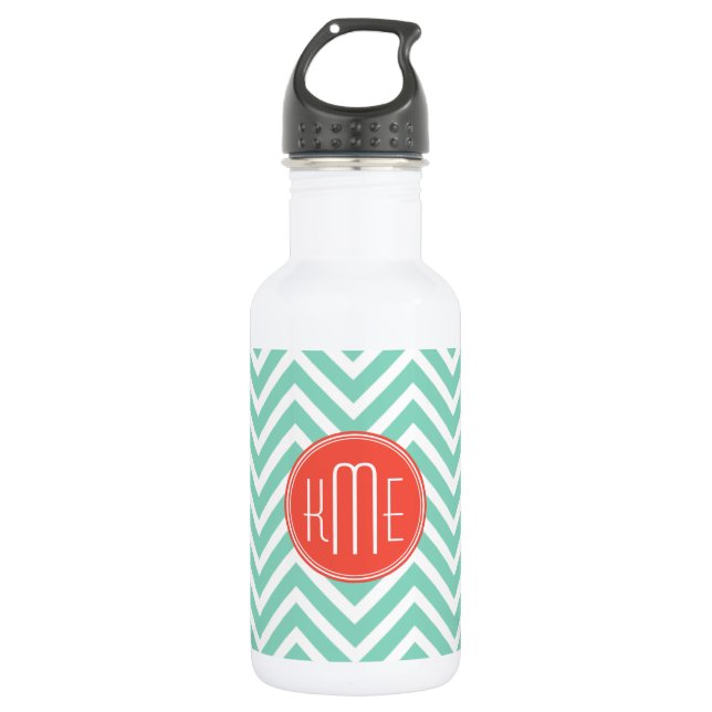 Garrafa Chic Aqua Green Chevron e Orange Custom Monograma (Frente)