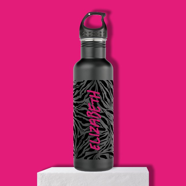 Garrafa Chic Hot Pink Name em Zebra Print (Personalized chic zebra print on matte black stainless steel water bottle)
