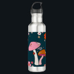 Garrafa Cogumelos e Flores Retro Dos Anos 70 Marinho Azul<br><div class="desc">Ilustração de cogumelos em azul marinho - citação inspiradora "Acredite em sua magia".</div>