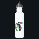 Garrafa colorido com flores tropicais e serenidade tucana<br><div class="desc">Esta garrafa de água reutilizável apresenta uma adorável impressão tropical em cores vívidas,  com um bonito tucano de desenho animado,  folhas e flores tropicais coloridas,  e um pássaro rosa. Na legenda,  de Einstein,  lê-se "olhe profundamente na natureza e você entenderá tudo melhor",  em fontes roxas e azuis-claras.</div>
