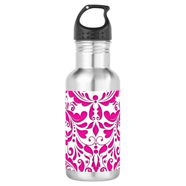 Garrafa Coração Cor-de-Rosa Magenta e Damasco Branco (Frente)
