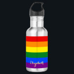Garrafa Cores do Sinalizador do Arco-Íris Orgulho gay LGBT<br><div class="desc">Lindas, vibrantes e vibrantes cores da bandeira do arco-íris orgulho gay LGBT, padrão colorido de faixas geométricas, personalizado, script de tipografia de ouro fino elegante, na moda chic legal, leve, resistente a fissuras, à prova de derramares, garrafa de água de aço inoxidável. Basta digitar seu nome / nome da família...</div>