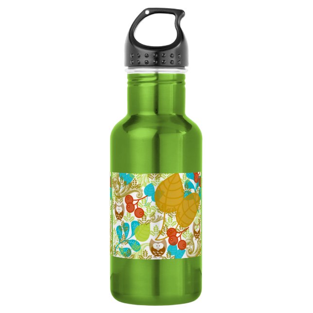 Garrafa Corujas Retro Saem Fruta em Turquesa Verde Castanh (Frente)