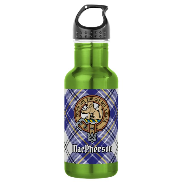 Garrafa Crest da Clan MacPherson sobre Tartan Azul de Vest (Frente)