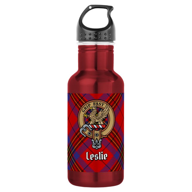 Garrafa Crest do Clã Leslie sobre Tartan Vermelho (Frente)