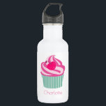 Garrafa Cupcake rosa personalizado WIth Bolinhas Cherry<br><div class="desc">Arte gráfica / ilustração de um cupcake cor-de-rosa brilhante com espirais de gelo em cima e uma cereja bolinhas rosa-quente e giro. A base é verde e listras brancas. Personalize com um nome.</div>