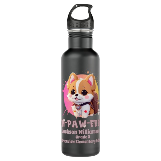 Garrafa Cute Chibi Kawaii Corgi Nome Ano escolar no verso (Frente)